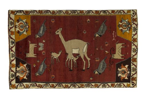 Full view of 2000s Persian Gabbeh rug from Iran / Persia, 200 × 123 cm in Red tones