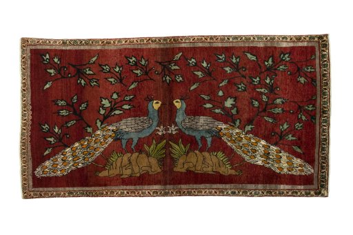 Full view of 2000s Persian Gabbeh rug from Iran / Persia, 220 × 115 cm in Red tones