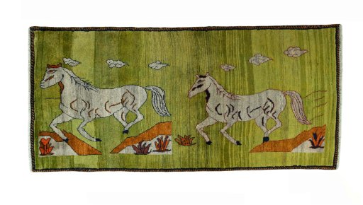 Full view of 2000s Persian Gabbeh rug from Iran / Persia, 201 × 95 cm in Green tones