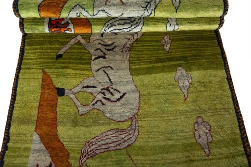Full view of 2000s Persian Gabbeh rug from Iran / Persia, 201 × 95 cm in Green tones