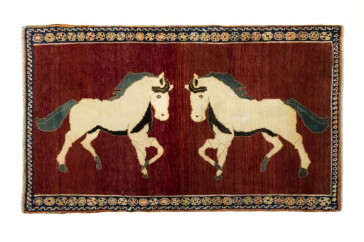 Full view of 2000s Persian Gabbeh rug from Iran / Persia, 178 × 105 cm in Red tones