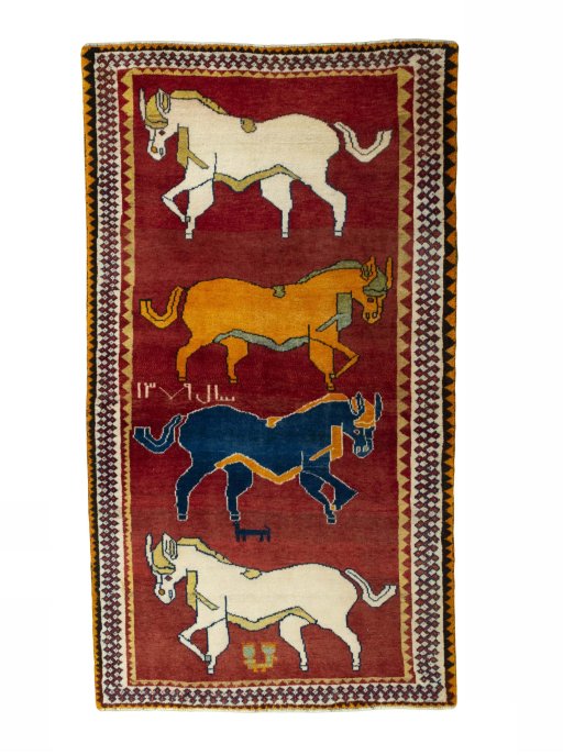 Full view of 2000s Persian Gabbeh rug from Iran / Persia, 202 × 112 cm in Red tones