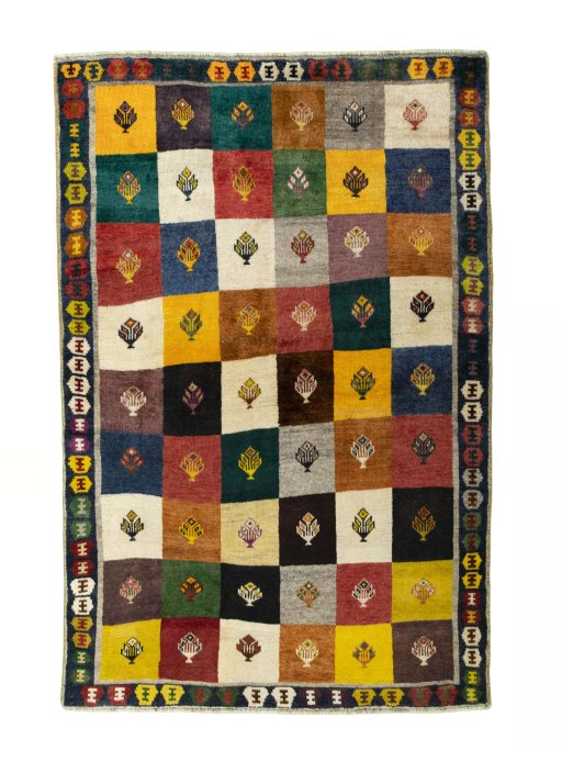 Full view of 2000s Persian Gabbeh rug from Iran / Persia, 192 × 127 cm in Multi Color tones