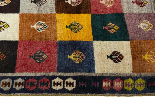 Close-up detail of 2000s Persian Gabbeh rug from Iran / Persia showing Wool weave
