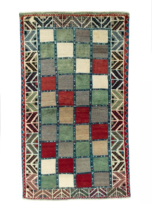 Full view of 2000s Persian Gabbeh rug from Iran / Persia, 183 × 107 cm in Multi Color tones