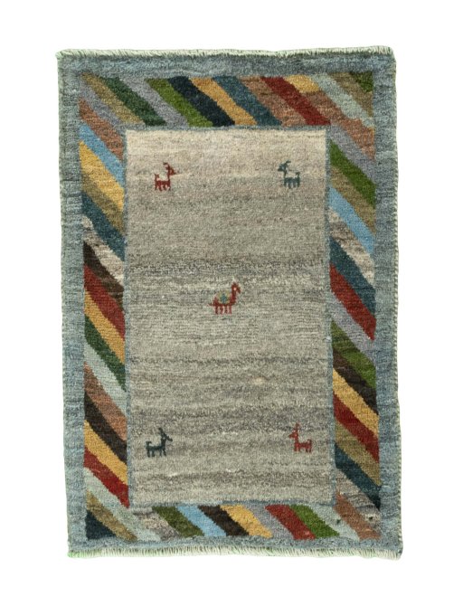 Full view of New Persian Gabbeh rug from Iran / Persia, 90 × 61 cm in Beige tones