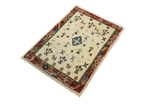 Corner detail of New Persian Gabbeh rug showing border pattern and Wool pile