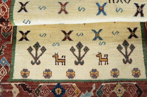 Full view of New Persian Gabbeh rug from Iran / Persia, 111 × 81 cm in Beige tones