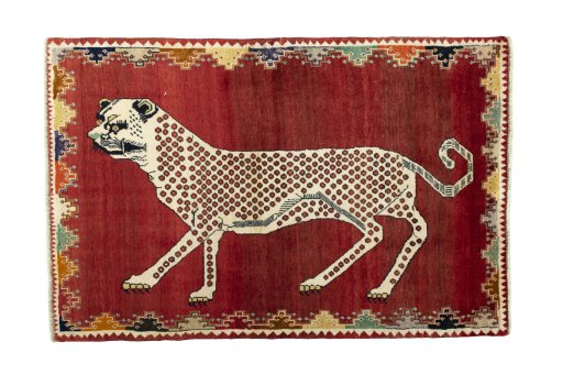 Full view of 2000s Persian Gabbeh rug from Iran / Persia, 172 × 113 cm in Red tones