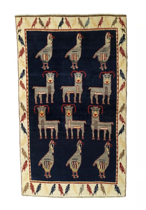 Full view of 2000s Persian Gabbeh rug from Iran / Persia, 188 × 112 cm in Blue tones