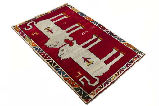 Close-up detail of 2000s Persian Gabbeh rug from Iran / Persia showing Wool weave