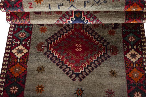 Full view of 2000s Persian Gabbeh rug from Iran / Persia, 195 × 100 cm in Gray tones
