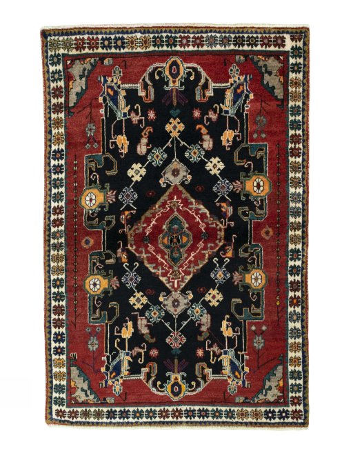 Full view of 2000s Persian Gabbeh rug from Iran / Persia, 155 × 104 cm in Blue tones