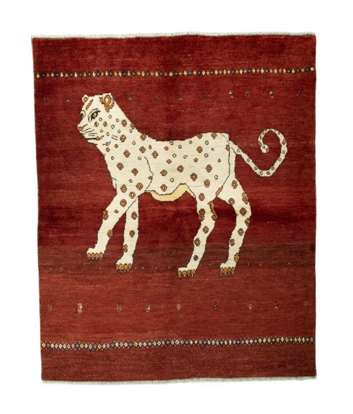 Full view of 2000s Persian Gabbeh rug from Iran / Persia, 193 × 156 cm in Red tones