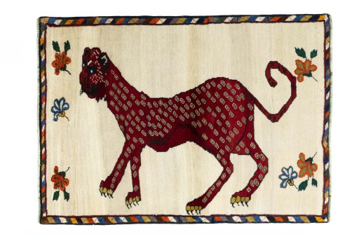 Full view of 2000s Persian Gabbeh rug from Iran / Persia, 150 × 109 cm in Beige tones