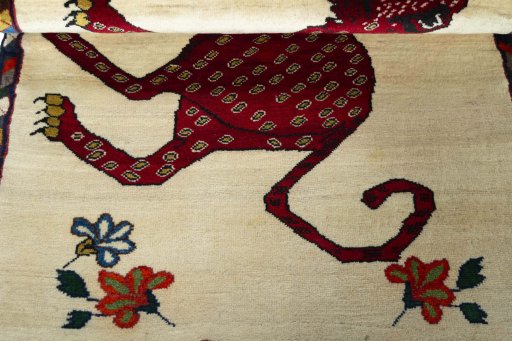 Full view of 2000s Persian Gabbeh rug from Iran / Persia, 150 × 109 cm in Beige tones