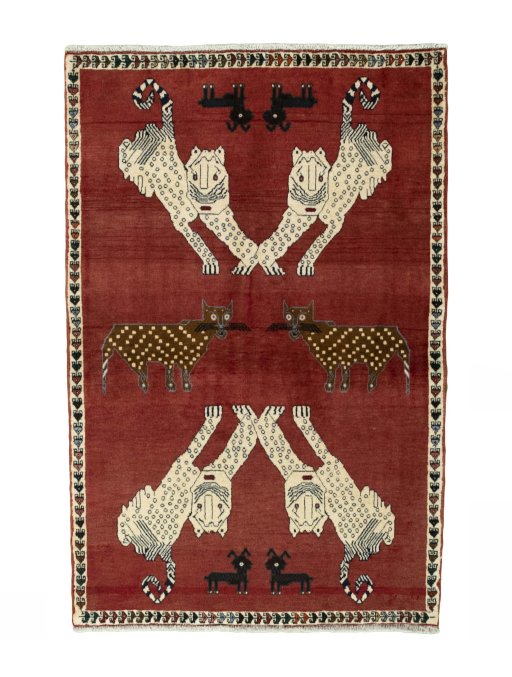 Full view of 2000s Persian Gabbeh rug from Iran / Persia, 156 × 104 cm in Red tones