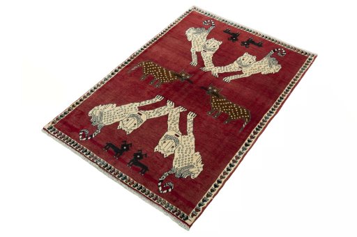 Corner detail of 2000s Persian Gabbeh rug showing border pattern and Wool pile