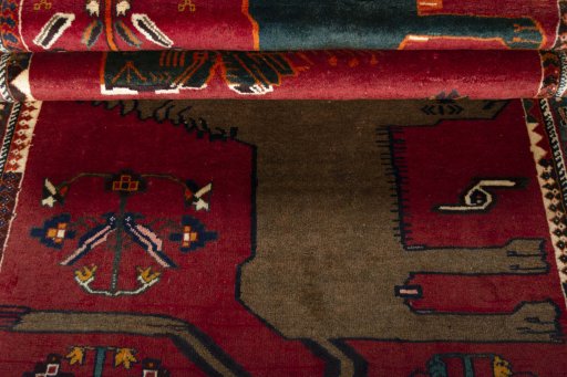 Full view of 2000s Persian Gabbeh rug from Iran / Persia, 193 × 113 cm in Red tones