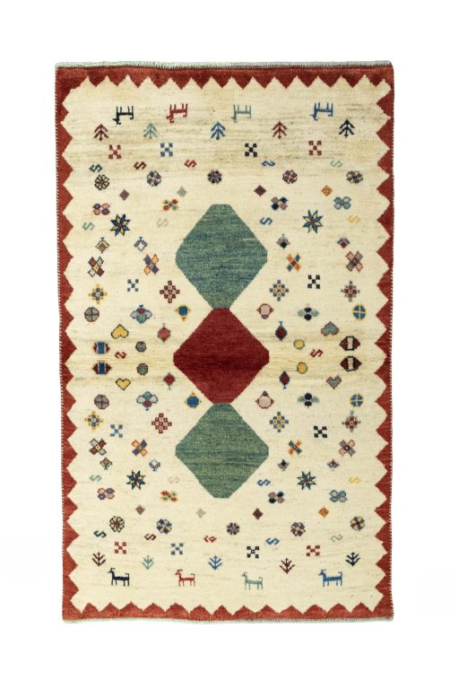 Full view of 2000s Persian Gabbeh rug from Iran / Persia, 167 × 101 cm in Beige tones