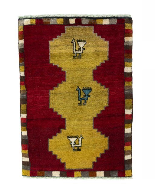 Full view of 2000s Persian Gabbeh rug from Iran / Persia, 95 × 68 cm in Red tones
