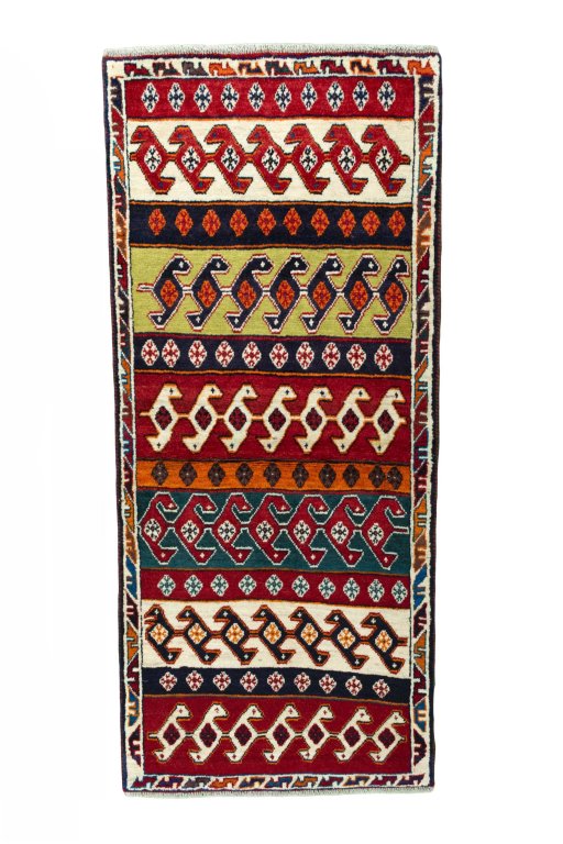 Full view of 2000s Persian Gabbeh rug from Iran / Persia, 193 × 87 cm in Multi Color tones