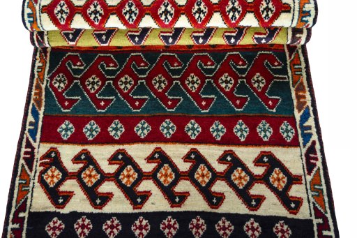 Full view of 2000s Persian Gabbeh rug from Iran / Persia, 193 × 87 cm in Multi Color tones