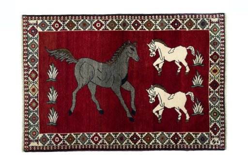 Full view of 2000s Persian Gabbeh rug from Iran / Persia, 148 × 102 cm in Red tones