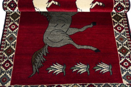 Full view of 2000s Persian Gabbeh rug from Iran / Persia, 148 × 102 cm in Red tones