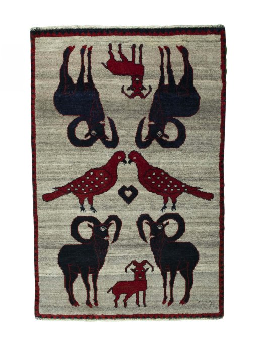 Full view of 2000s Persian Gabbeh rug from Iran / Persia, 153 × 101 cm in Beige tones