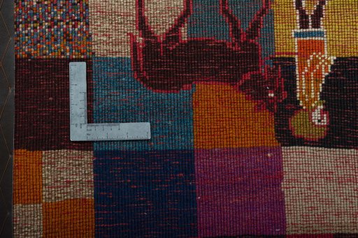 Close-up detail of 2000s Persian Gabbeh rug from Iran / Persia showing Wool weave