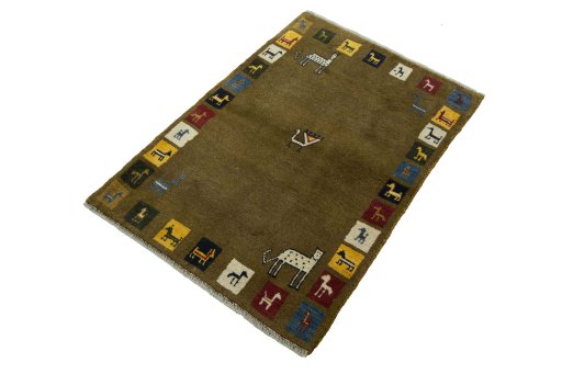 Corner detail of New Persian Gabbeh rug showing border pattern and Wool pile