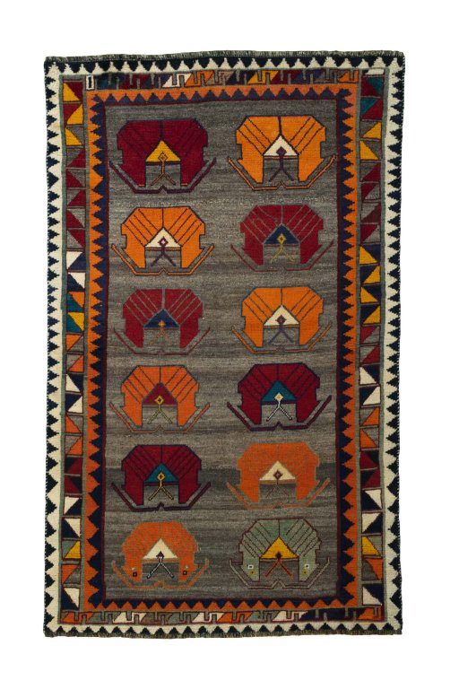 Full view of 2000s Persian Gabbeh rug from Iran / Persia, 208 × 128 cm in Gray tones