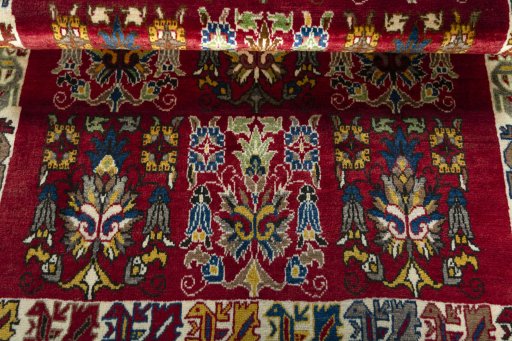 Full view of 2000s Persian Gabbeh rug from Iran / Persia, 166 × 112 cm in Red tones