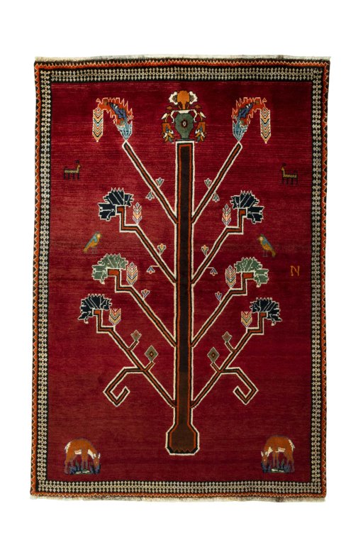 Full view of 2000s Persian Gabbeh rug from Iran / Persia, 208 × 138 cm in Red tones