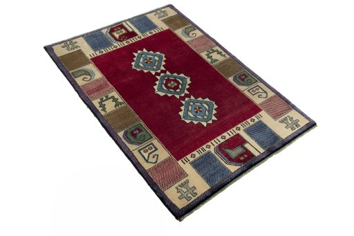 Close-up detail of 2000s Persian Gabbeh rug from Iran / Persia showing Wool weave