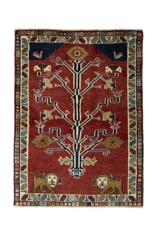 Full view of 2000s Persian Gabbeh rug from Iran / Persia, 155 × 113 cm in Red tones