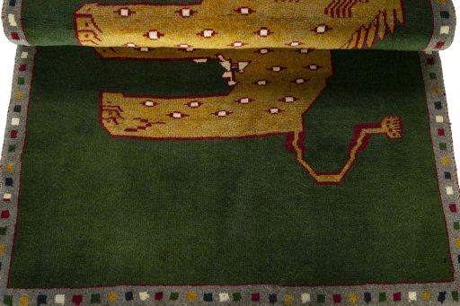Full view of 2000s Persian Gabbeh rug from Iran / Persia, 150 × 105 cm in Green tones