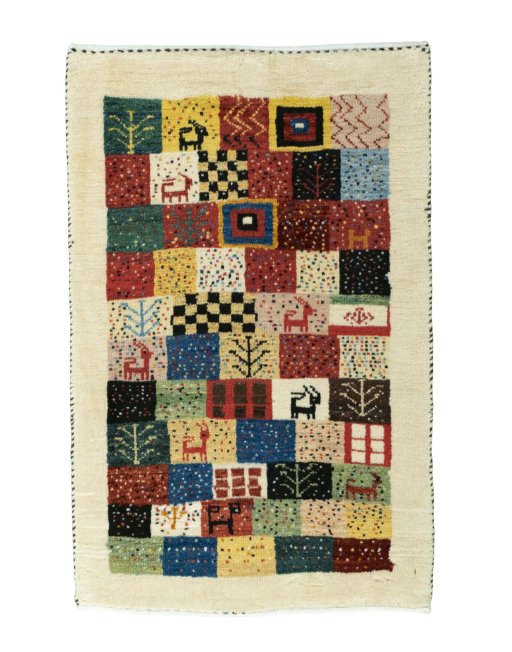 Full view of New Persian Gabbeh rug from Iran / Persia, 87 × 56 cm in Beige tones