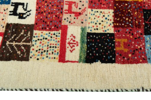 Close-up detail of New Persian Gabbeh rug from Iran / Persia showing Wool weave