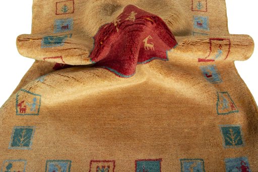 Corner detail of New Persian Gabbeh rug showing border pattern and Wool pile