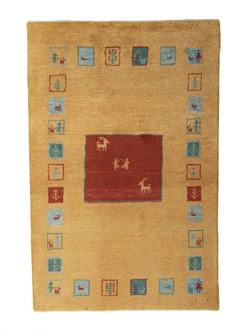 Full view of New Persian Gabbeh rug from Iran / Persia, 155 × 102 cm in Yellow tones
