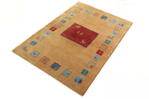Corner detail of New Persian Gabbeh rug showing border pattern and Wool pile