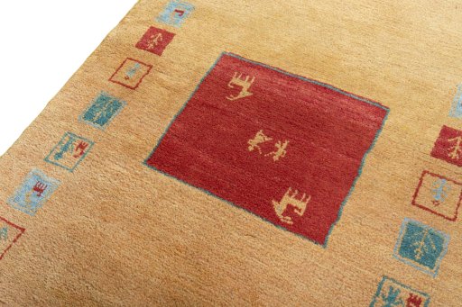 Backside of handmade New Persian Gabbeh rug showing knot structure and weave density