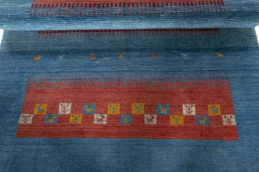 Full view of New Persian Gabbeh rug from Iran / Persia, 201 × 158 cm in Blue tones