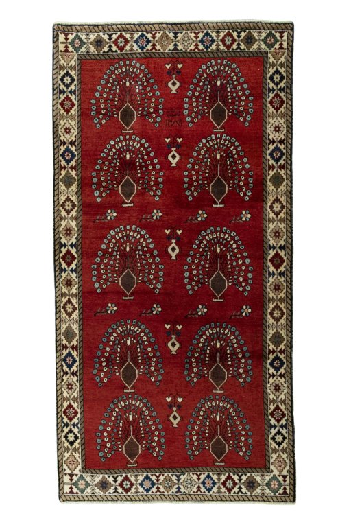 Full view of 2000s Persian Gabbeh rug from Iran / Persia, 252 × 127 cm in Red tones