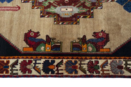 Full view of 2000s Persian Gabbeh rug from Iran / Persia, 197 × 116 cm in Beige tones