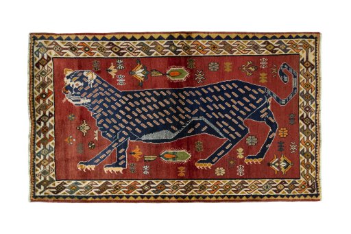 Full view of 2000s Persian Gabbeh rug from Iran / Persia, 203 × 121 cm in Red tones