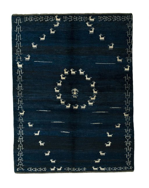 Full view of 2000s Persian Gabbeh rug from Iran / Persia, 218 × 168 cm in Blue tones