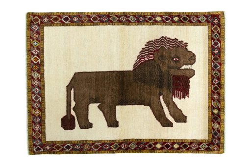 Full view of 2000s Persian Gabbeh rug from Iran / Persia, 158 × 113 cm in Beige tones